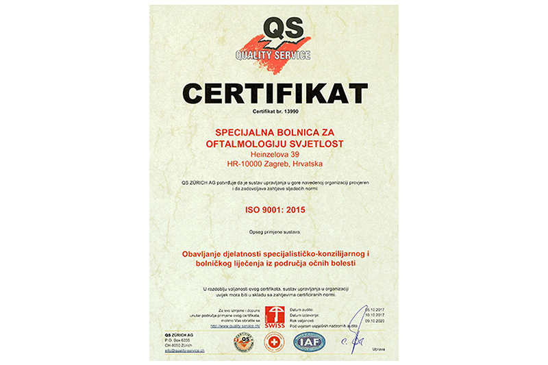 Klinika Svjetlost je certificirana po normi Sistema vodenja kakovosti ISO 9001: 2015